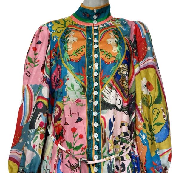 Boho Graffiti M Button Party Dress Novelty All-Over Fantasy Print Flounce Hem - Picture 7 of 9